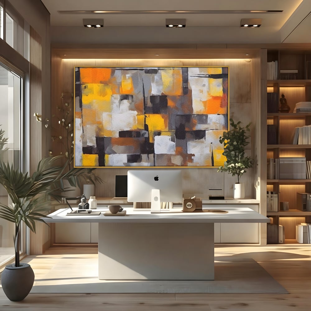 Tablou canvas cu tablou canvas cu patrate abstracte, in rama de aluminiu auriu, pe perete intr-un birou